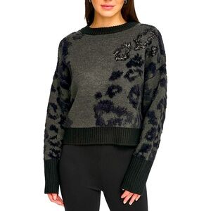 DKNY Women's Black Sequined Printed Crewneck Sweater XL NWT